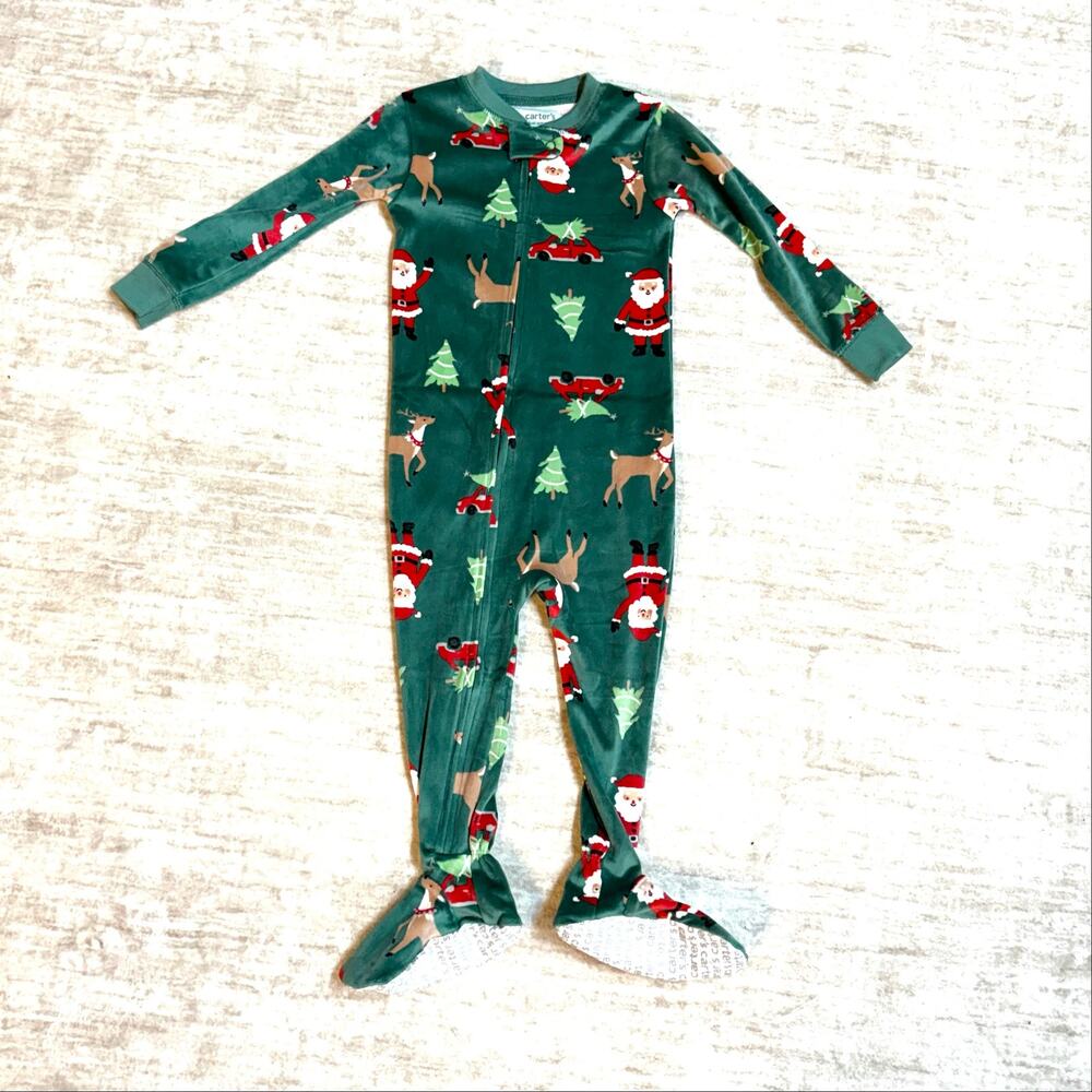 Carter’s 18m Unisex Green Velvet Pajamas Santa Christmas Tree Holiday Deer